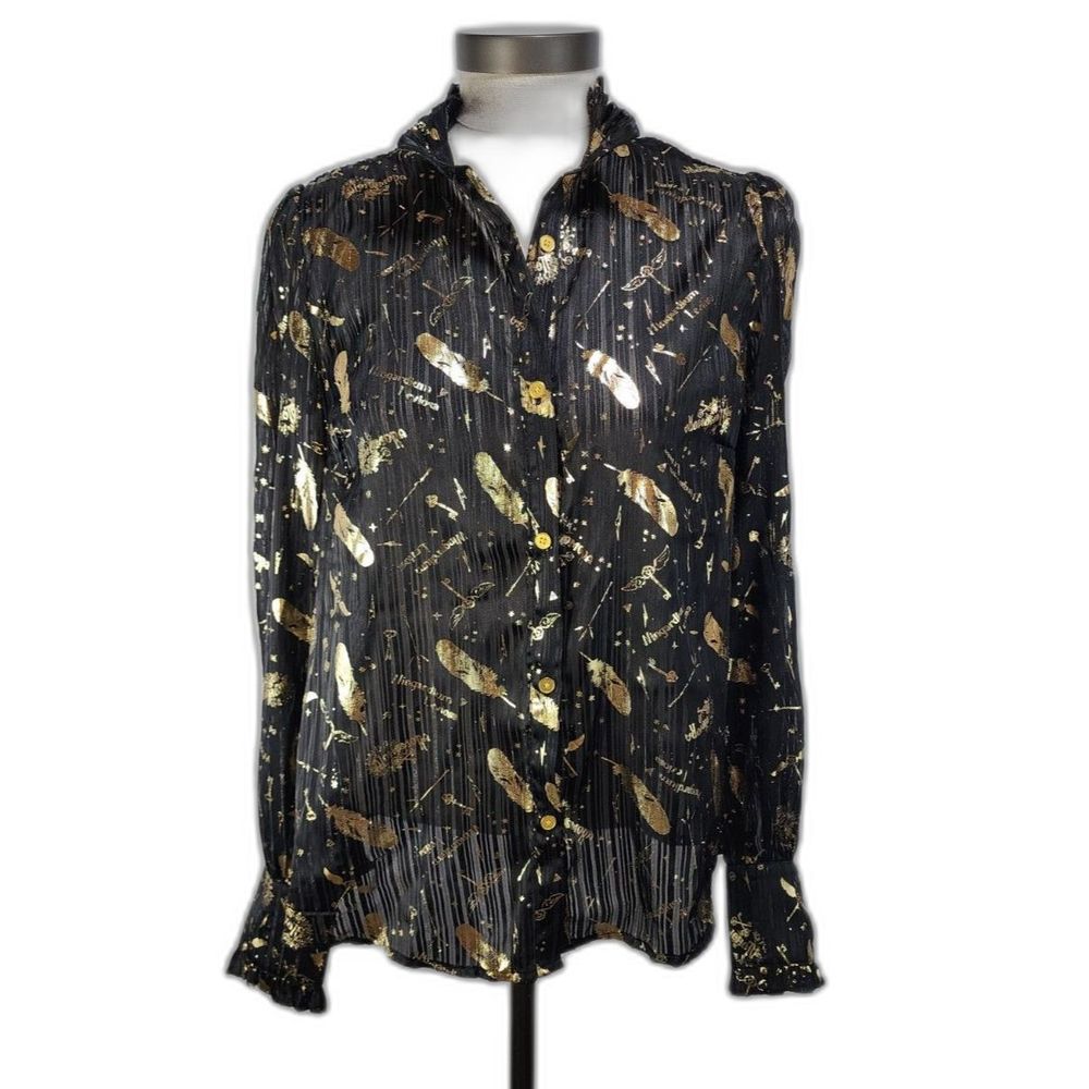 Harry Potter Women's Sheer Black Button-Up Blouse with Gold Feathers Size M